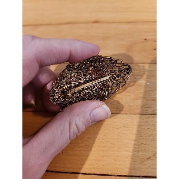 Vtg West Germany Filigree Blue Green Glass Rhinestone Brooch Gold Tone - Picture 5 of 5